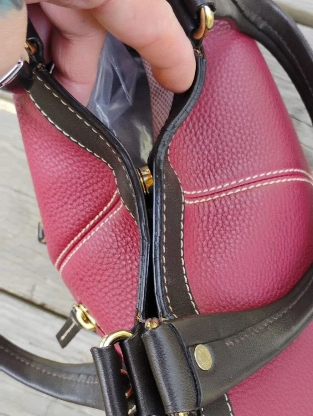 Dooney & Bourke Deep Wine Pebbled Leather Shoulder Bag with Brown Trim - Picture 7 of 12